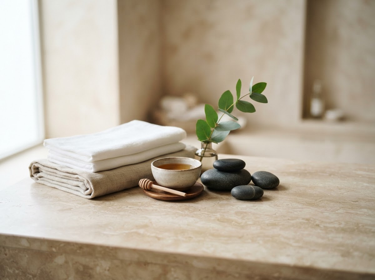 Ambiente de spa com toalhas, pedras de massagem e óleos naturais
